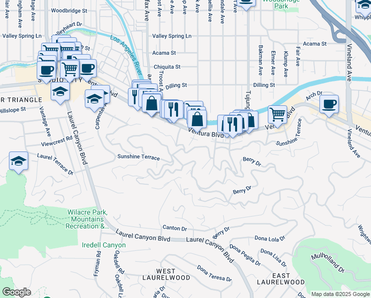 map of restaurants, bars, coffee shops, grocery stores, and more near 11587 Sunshine Terrace in Los Angeles
