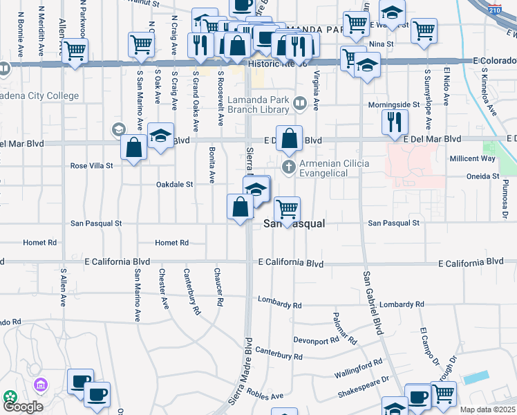 map of restaurants, bars, coffee shops, grocery stores, and more near 432 South Sierra Madre Boulevard in Pasadena