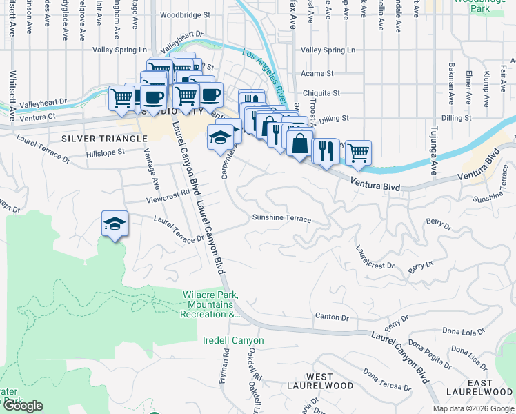 map of restaurants, bars, coffee shops, grocery stores, and more near 3812 Carpenter Avenue in Los Angeles