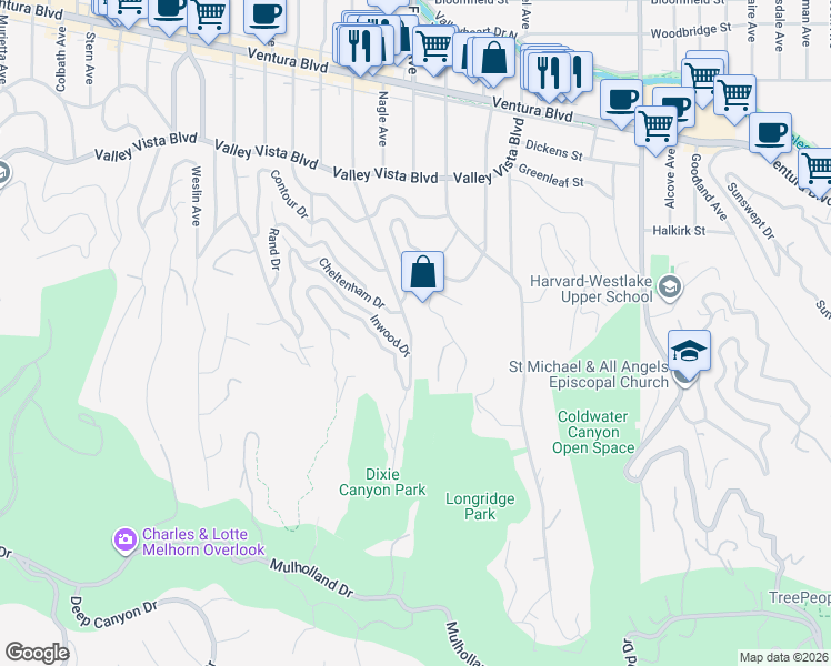 map of restaurants, bars, coffee shops, grocery stores, and more near 3747 Alomar Drive in Los Angeles