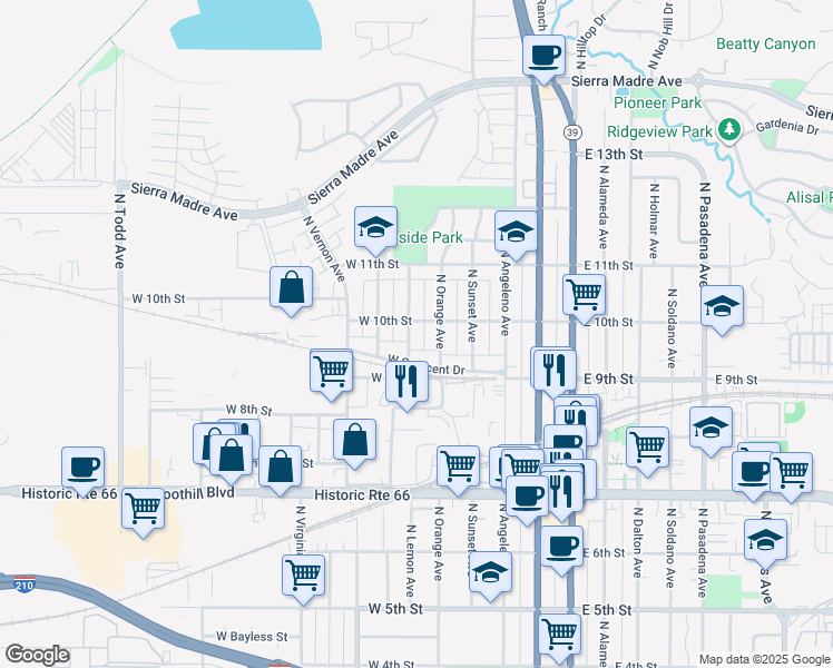 map of restaurants, bars, coffee shops, grocery stores, and more near 936 North Enid Avenue in Azusa