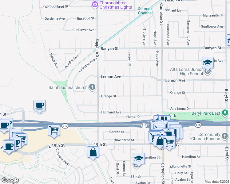map of restaurants, bars, coffee shops, grocery stores, and more near 6374 Sard Street in Rancho Cucamonga