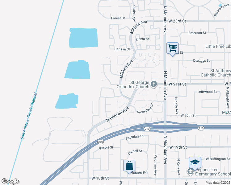 map of restaurants, bars, coffee shops, grocery stores, and more near 2074 Redgrove Way in Upland