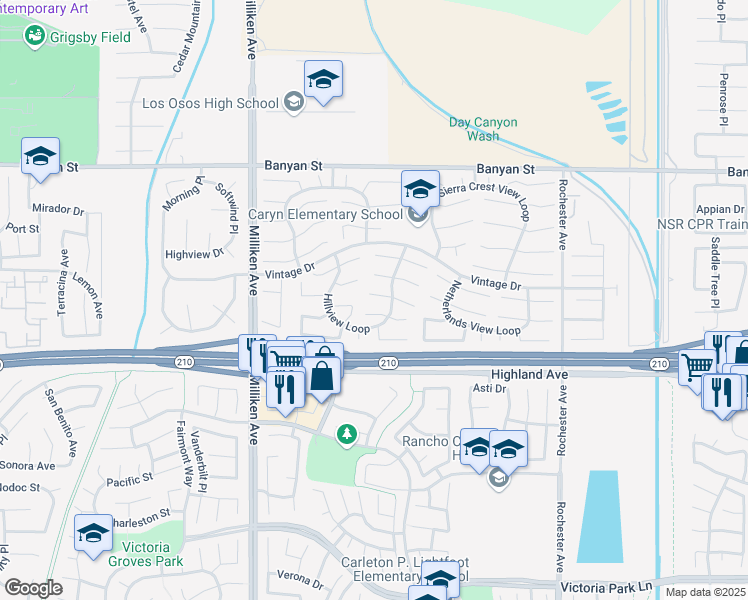 map of restaurants, bars, coffee shops, grocery stores, and more near 11539 Santiago Peak Court in Rancho Cucamonga