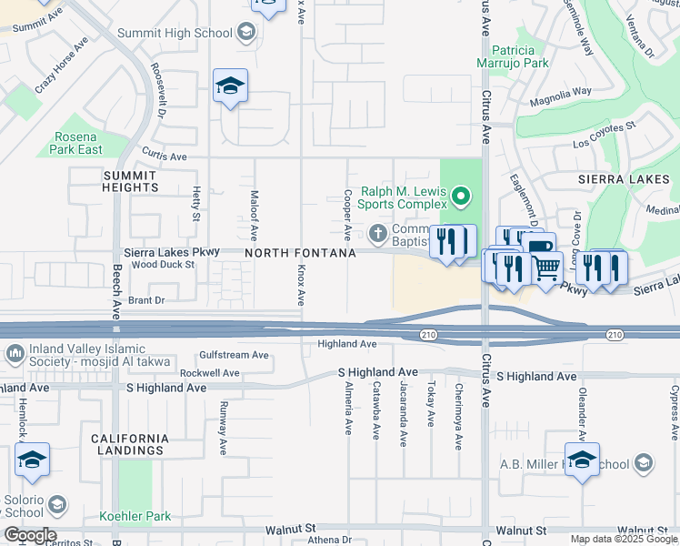 map of restaurants, bars, coffee shops, grocery stores, and more near Medley Ln in Fontana