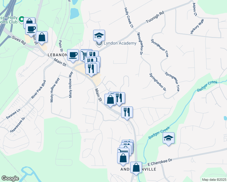 map of restaurants, bars, coffee shops, grocery stores, and more near 227 Fox Creek Boulevard in Woodstock