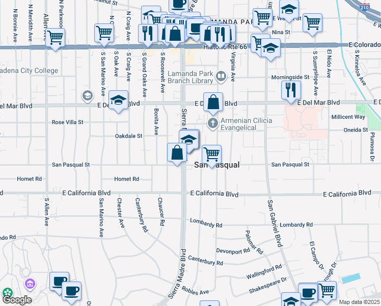 map of restaurants, bars, coffee shops, grocery stores, and more near 432 South Sierra Madre Boulevard in Pasadena