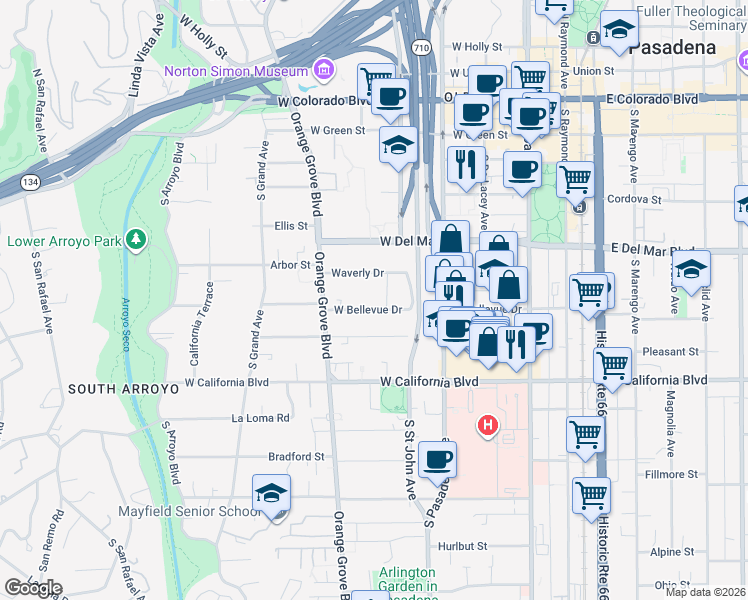 map of restaurants, bars, coffee shops, grocery stores, and more near 416 Gordon Terrace in Pasadena
