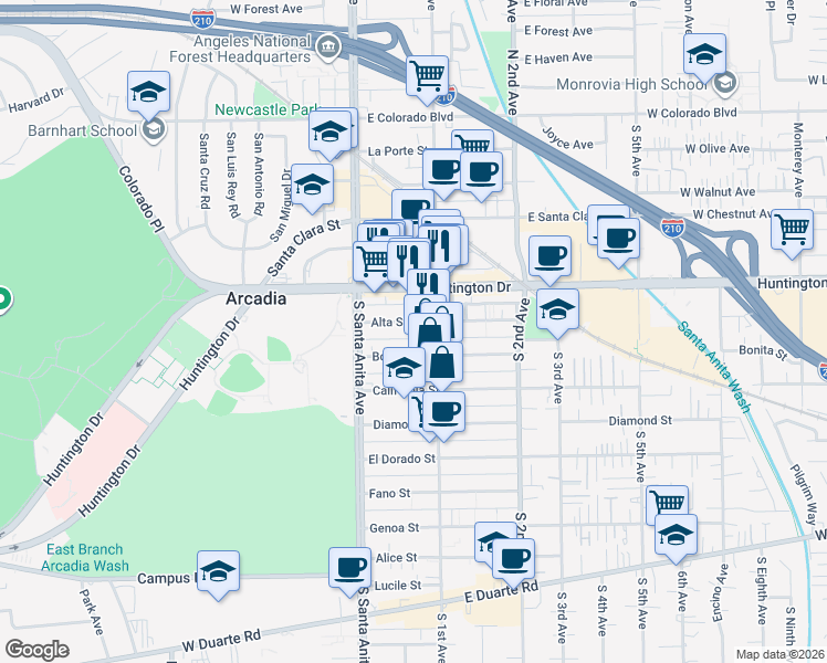 map of restaurants, bars, coffee shops, grocery stores, and more near 50 Alta Street in Arcadia