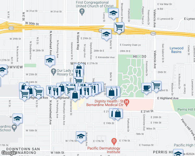map of restaurants, bars, coffee shops, grocery stores, and more near 227 East 25th Street in San Bernardino