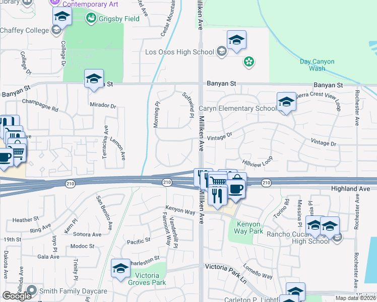 map of restaurants, bars, coffee shops, grocery stores, and more near 6344 Silverwood Place in Rancho Cucamonga