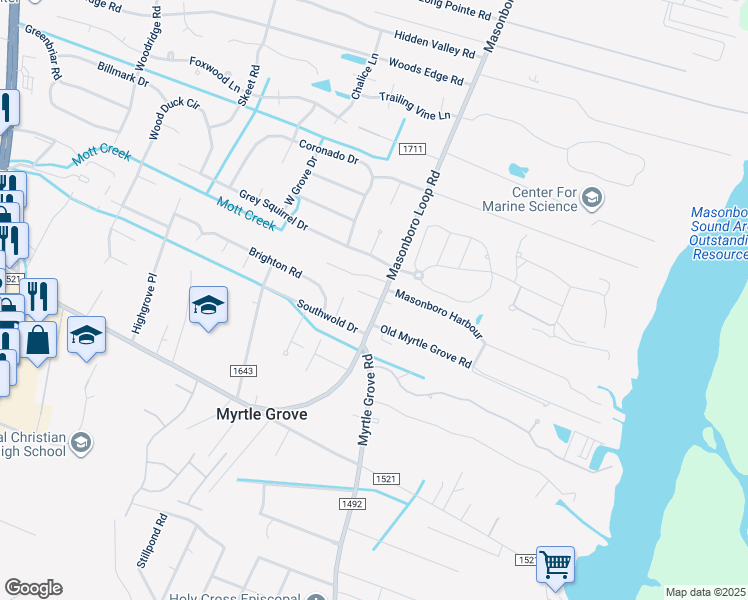 map of restaurants, bars, coffee shops, grocery stores, and more near 5326 Masonboro Loop Road in Wilmington