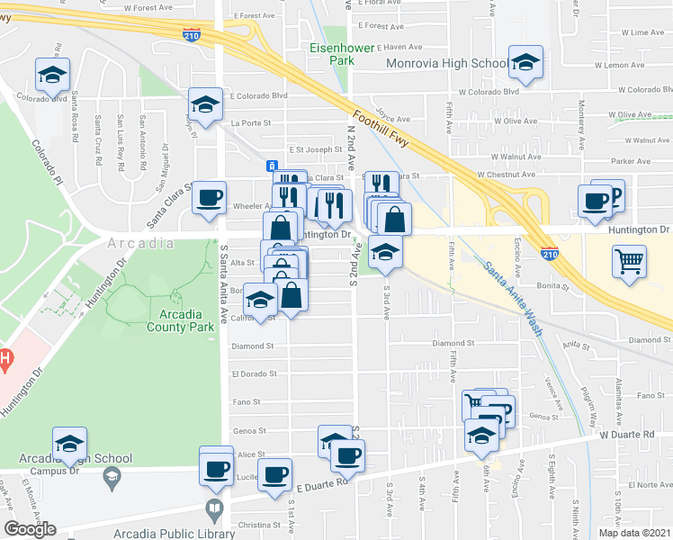 map of restaurants, bars, coffee shops, grocery stores, and more near 152 Alta Street in Arcadia