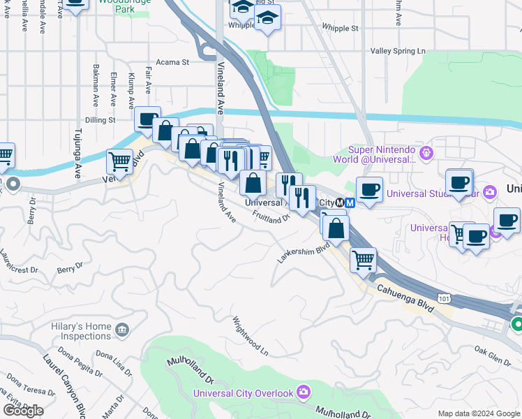 map of restaurants, bars, coffee shops, grocery stores, and more near 10865 1/2 Fruitland Drive in Los Angeles