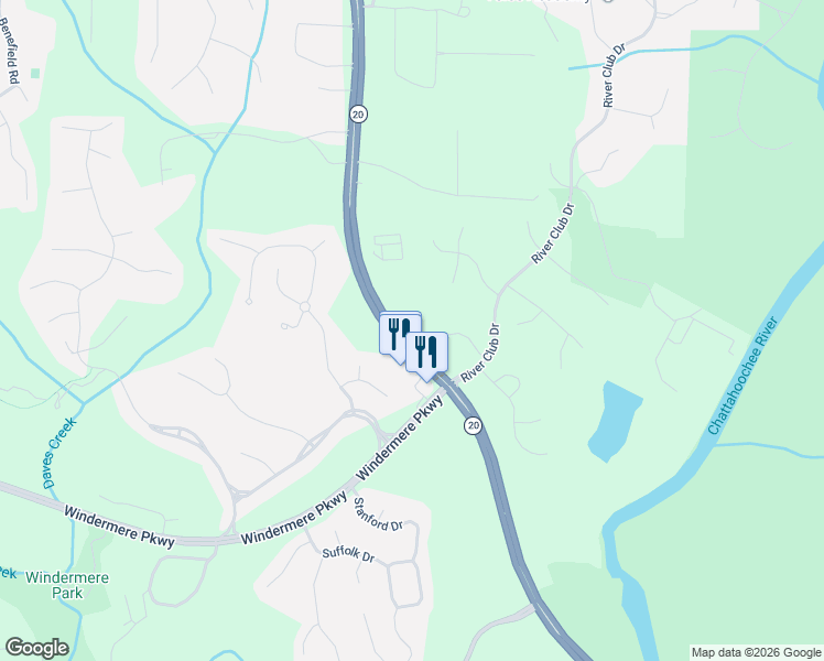 map of restaurants, bars, coffee shops, grocery stores, and more near 3280 Riverhill Court in Cumming