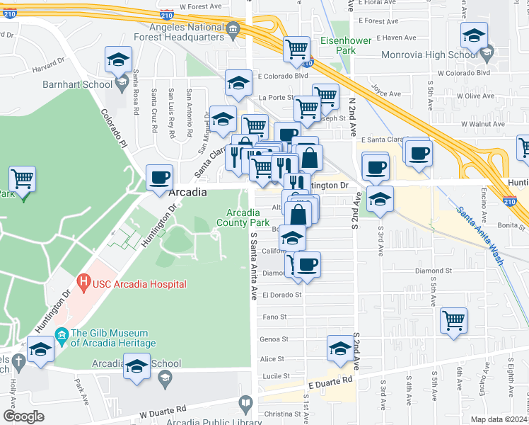 map of restaurants, bars, coffee shops, grocery stores, and more near 16 Alta Street in Arcadia