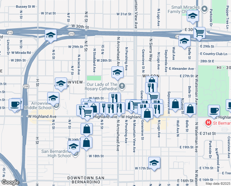 map of restaurants, bars, coffee shops, grocery stores, and more near 2475 North Arrowhead Avenue in San Bernardino