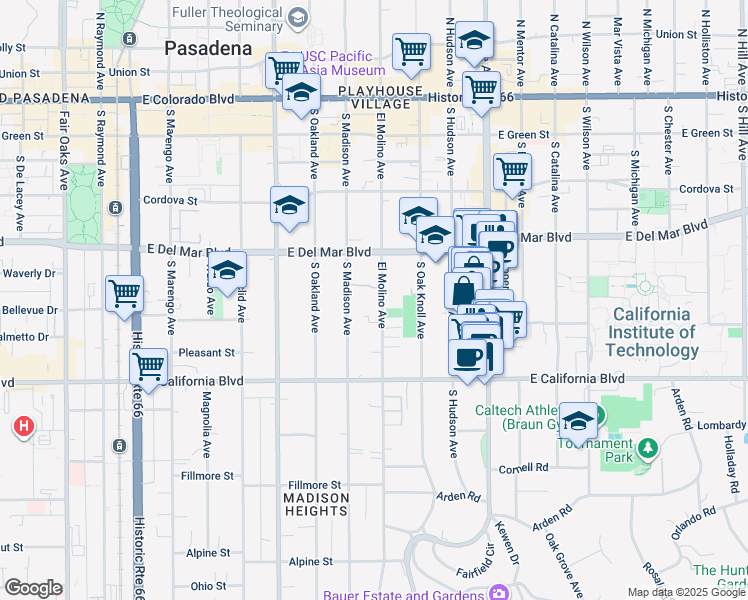 map of restaurants, bars, coffee shops, grocery stores, and more near 415 South El Molino Avenue in Pasadena