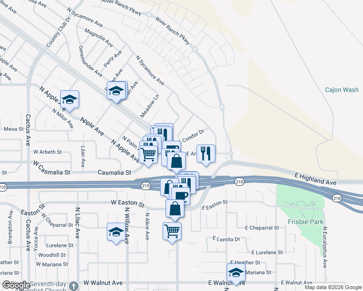 map of restaurants, bars, coffee shops, grocery stores, and more near 123 East Condor Drive in Rialto