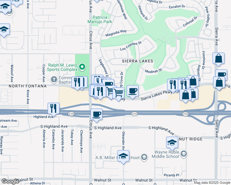 map of restaurants, bars, coffee shops, grocery stores, and more near 16263 Starfire Lane in Fontana