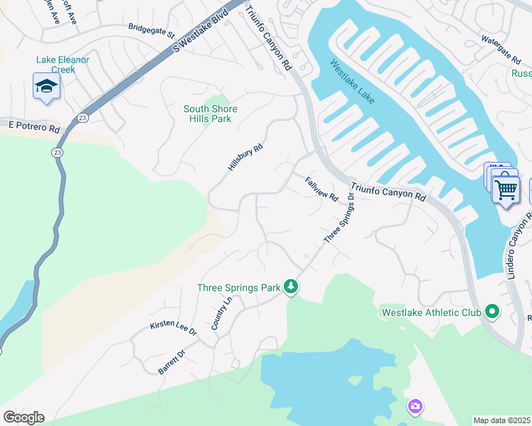 map of restaurants, bars, coffee shops, grocery stores, and more near 2214 Windbrook Court in Thousand Oaks