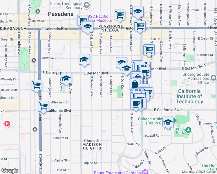 map of restaurants, bars, coffee shops, grocery stores, and more near 427 South El Molino Avenue in Pasadena