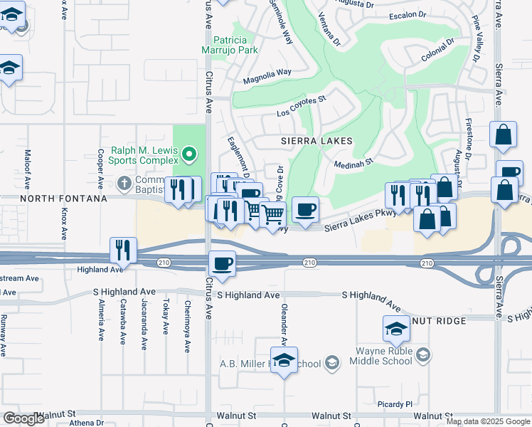 map of restaurants, bars, coffee shops, grocery stores, and more near 16263 Starfire Lane in Fontana