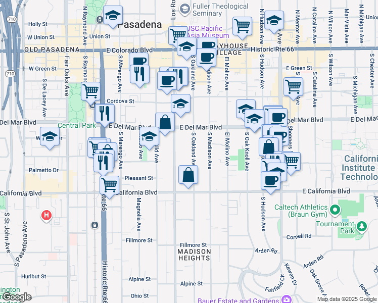 map of restaurants, bars, coffee shops, grocery stores, and more near 415 South Oakland Avenue in Pasadena