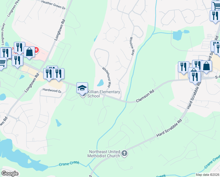 map of restaurants, bars, coffee shops, grocery stores, and more near 112 Whitehurst Way in Columbia