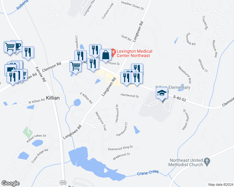 map of restaurants, bars, coffee shops, grocery stores, and more near 154 Hardwood Drive in Columbia