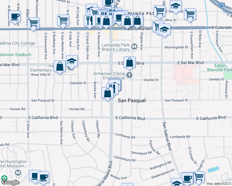 map of restaurants, bars, coffee shops, grocery stores, and more near 432 South Sierra Madre Boulevard in Pasadena