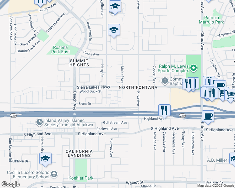 map of restaurants, bars, coffee shops, grocery stores, and more near Moonfire Lane in Fontana