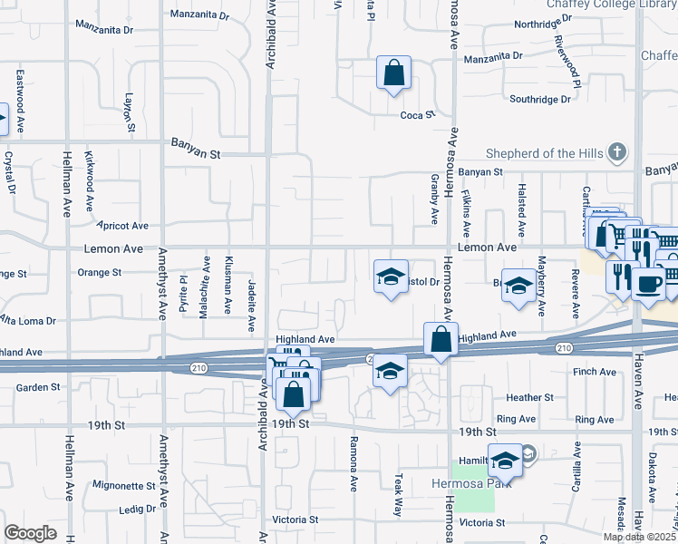 map of restaurants, bars, coffee shops, grocery stores, and more near 6360 Calle Hermoso in Rancho Cucamonga