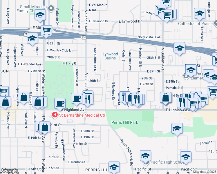 map of restaurants, bars, coffee shops, grocery stores, and more near 2430 North Roxbury Drive in San Bernardino