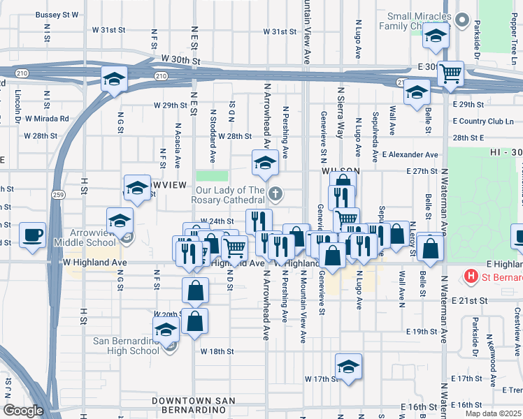 map of restaurants, bars, coffee shops, grocery stores, and more near 2475 North Arrowhead Avenue in San Bernardino