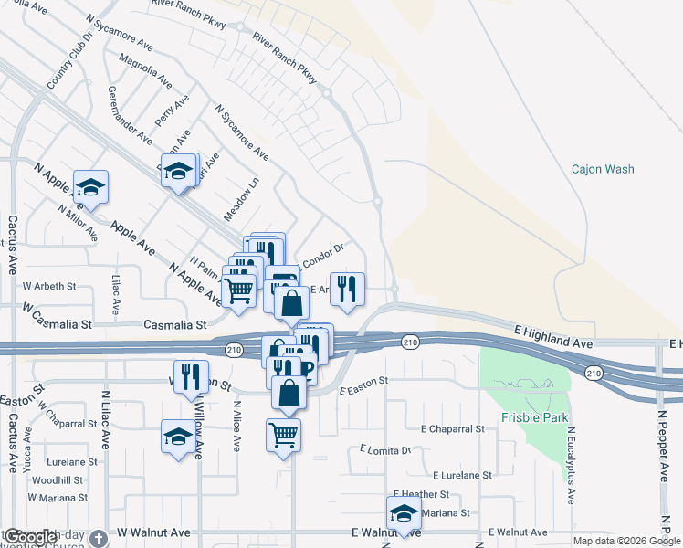 map of restaurants, bars, coffee shops, grocery stores, and more near 2145 North Magnolia Avenue in Rialto