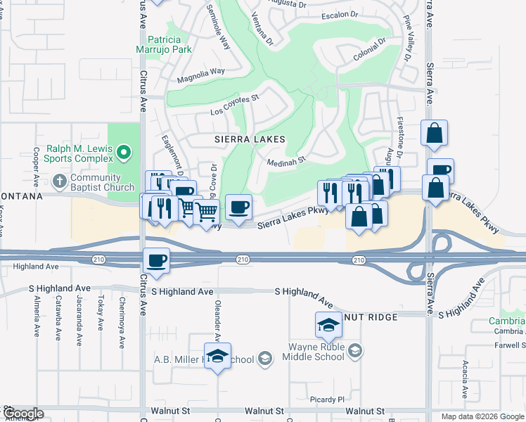 map of restaurants, bars, coffee shops, grocery stores, and more near 16467 El Revino Drive in Fontana