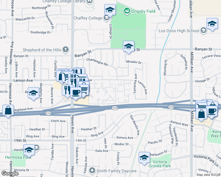 map of restaurants, bars, coffee shops, grocery stores, and more near 10757 Lemon Avenue in Rancho Cucamonga