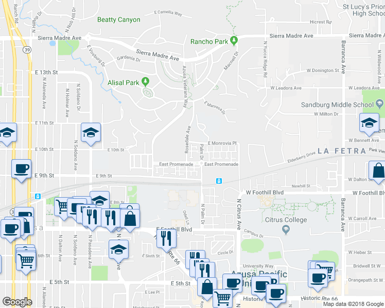 map of restaurants, bars, coffee shops, grocery stores, and more near 955 North Sweetbriar Lane in Azusa
