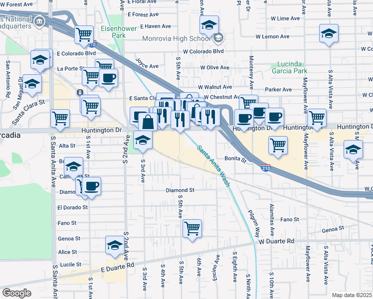 map of restaurants, bars, coffee shops, grocery stores, and more near 1212 Fifth Avenue in Monrovia