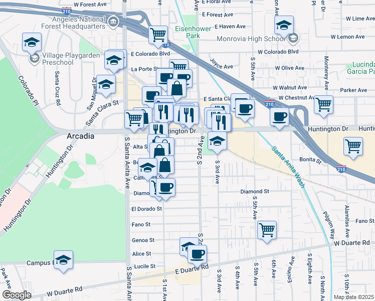map of restaurants, bars, coffee shops, grocery stores, and more near 152 Alta Street in Arcadia