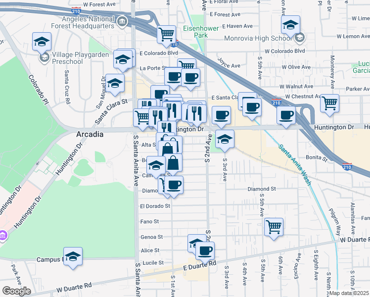 map of restaurants, bars, coffee shops, grocery stores, and more near 126 Alta Street in Arcadia