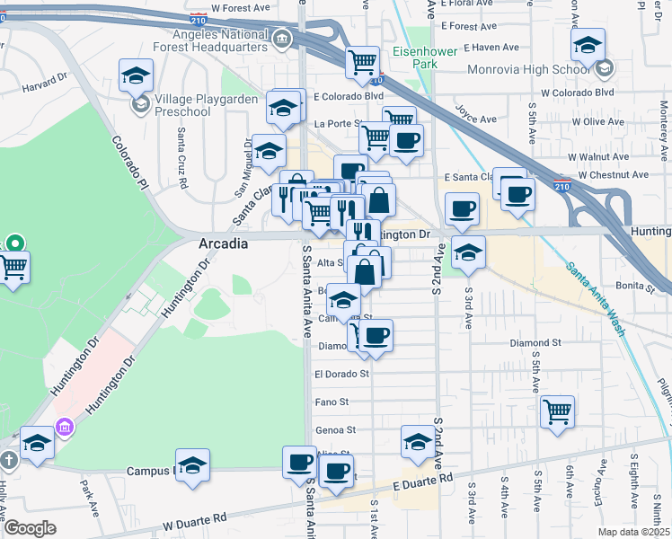 map of restaurants, bars, coffee shops, grocery stores, and more near 16 Alta Street in Arcadia