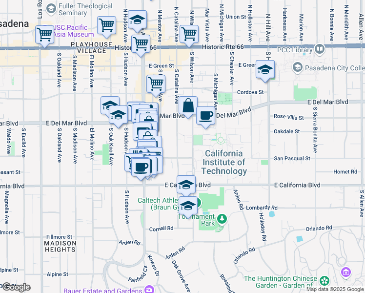 map of restaurants, bars, coffee shops, grocery stores, and more near 465 South Catalina Avenue in Pasadena