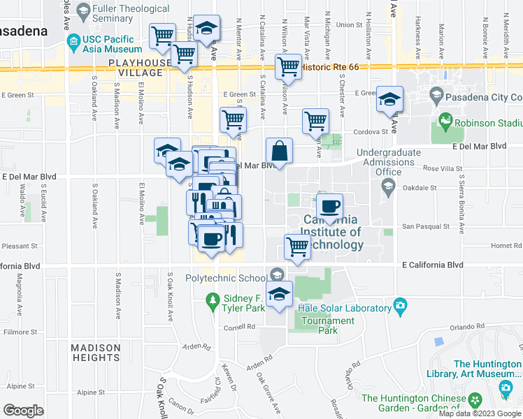 map of restaurants, bars, coffee shops, grocery stores, and more near 465 South Catalina Avenue in Pasadena