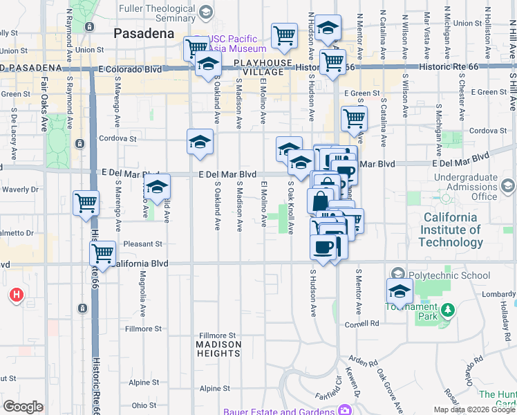 map of restaurants, bars, coffee shops, grocery stores, and more near 427 South El Molino Avenue in Pasadena