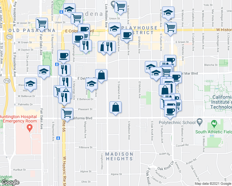 map of restaurants, bars, coffee shops, grocery stores, and more near 425 South Oakland Avenue in Pasadena