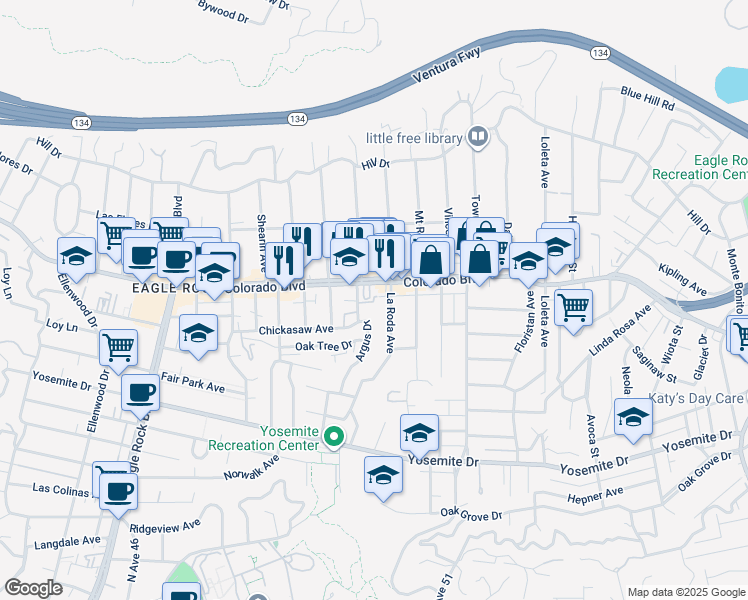 map of restaurants, bars, coffee shops, grocery stores, and more near 5068 Argus Drive in Los Angeles