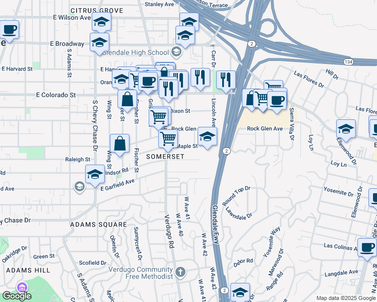 map of restaurants, bars, coffee shops, grocery stores, and more near 1442 East Maple Street in Glendale