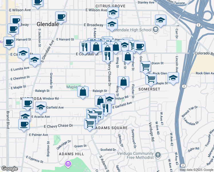 map of restaurants, bars, coffee shops, grocery stores, and more near 1125 Raleigh Street in Glendale
